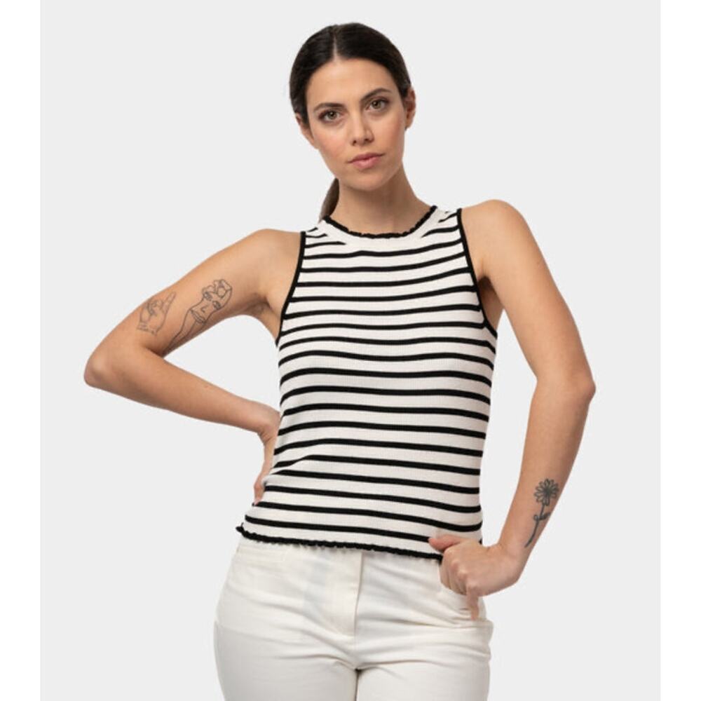 Penny Black Tank Sweater Womens S Black Cream Stripe Ruffle Trim